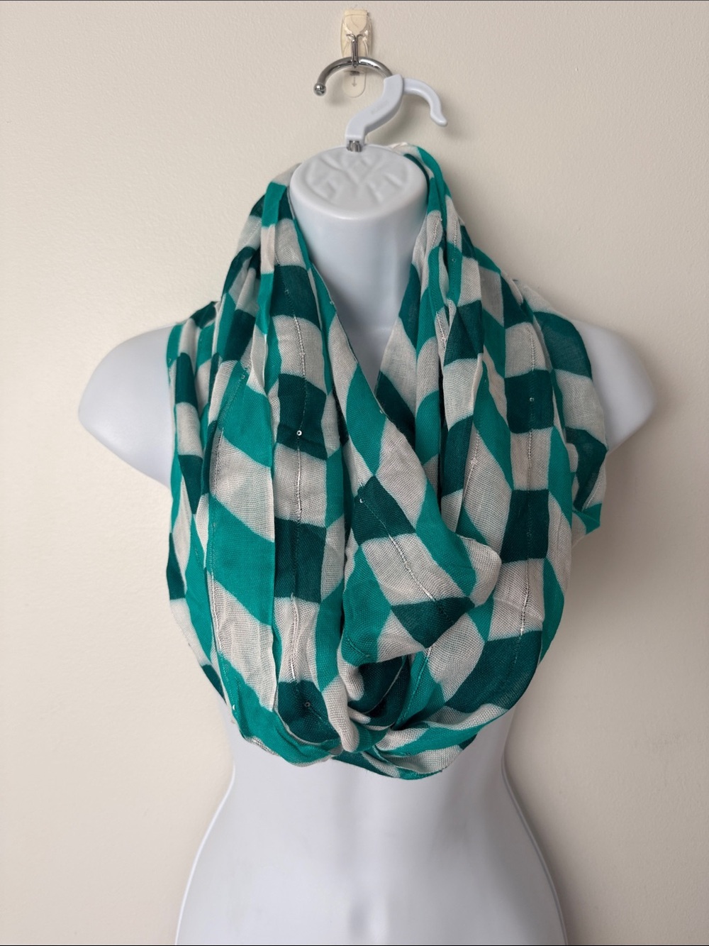 Teal and White Geometric Infinity Scarf